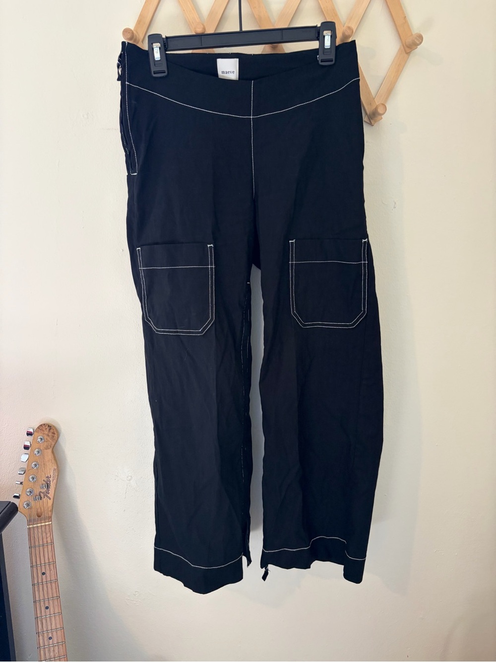 Maeve Black Wide-Leg Cargo Pants with Contrast Stitching
